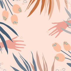 Fototapeta na wymiar Vector background for invitations, cards, for Valentine's day and more, with two hands and wedding rings, palm branches and flowers tulips on a gently pink background.