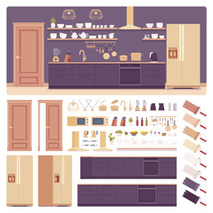 Kitchen room interior, home space creation set, hi-tech cabinet, vent hood, kit with furniture, constructor element to build your own design. Cartoon flat style infographic illustration, color palette