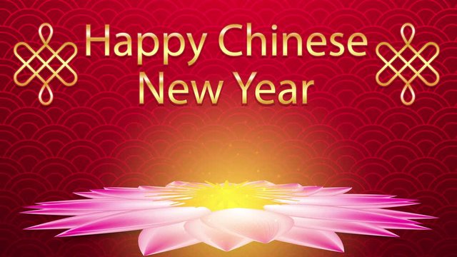 Happy Chinese New Year Greeting card with Lotus flower ,video animation on red background.