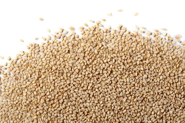 Integral sesame seeds isolated on white background, top view