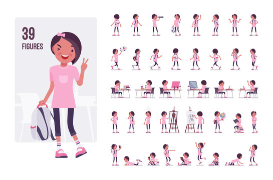 School girl in a casual wear character set. Cute pretty small girl with rucksack, active young kid, smart elementary pupil, 7 to 9 years old. Full length, different view, gestures, emotions, poses