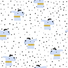 Seamless pattern with black spots and dogs. Kids cute print. Vector hand drawn illustration.