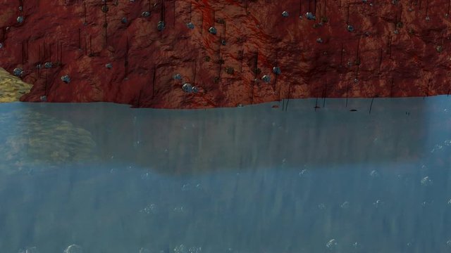 Sea landscape of alien planet with red cliff