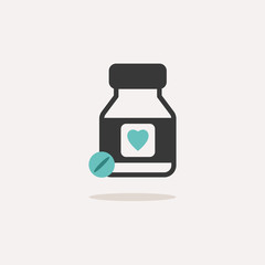 Heart pills. Icon with shadow on a beige background. Pharmacy vector illustration
