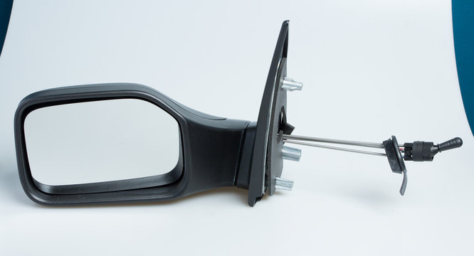London, England Peugeot 106 1998 left near side wing mirror for cars. Shot on isolated white background with smooth gradient. Car part with adjustable cable, aerodynamics designed for 90's automobile - Powered by Adobe