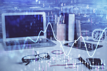Multi exposure of forex graph and work space with computer. Concept of international online trading.