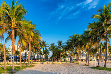 Miami Beach at morning time, Florida - hotels and restaurants at sunset on Ocean Drive, world...