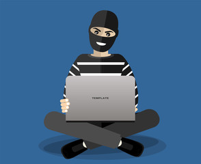 Cyber thief, internet scammer. Thief steals money from online wallet, credit card. Poster for web page, banner, presentation, social media. Flat design vector illustration