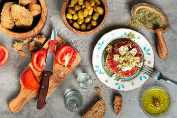 Fototapeta premium Cretan diet raki with olive oil olives 