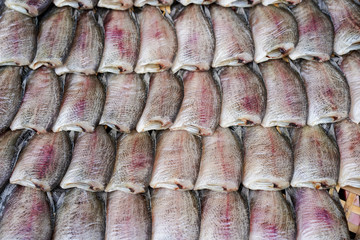 Salted Trichogaster pectoralis fishes in market in Thailand.