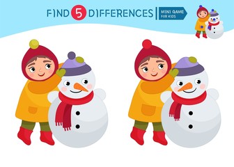 Find differences.  Educational game for children. Cartoon vector illustration of cute girl sculpts a snowman.