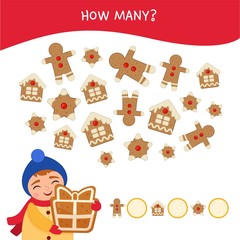 Counting educational children game, math kids activity sheet. How many objects task. Illustration of a cute boy with gingerbread in hands.