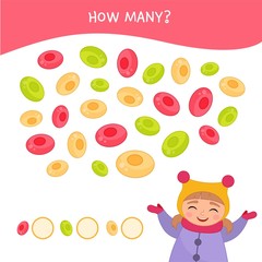 Counting educational children game, math kids activity sheet. How many objects task. Illustration of a cute girl.