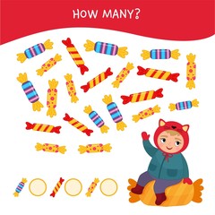 Counting educational children game, math kids activity sheet. How many objects task. Illustration of a cute girl sitting on a candy.