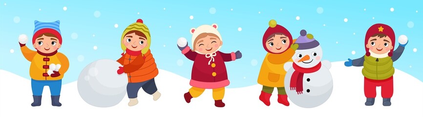 Vector illustration of cute children in winter clothes. Winter activities - make a snowman and play snowballs.