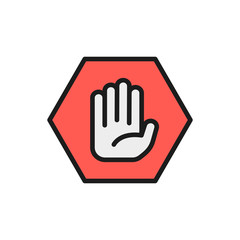 Hand in hexagon, do not touch, no sign allowed flat color line icon.