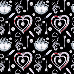 Fototapeta premium Watercolor Seamless Pattern. Vintage Diamonds Hearts Clipart. Valentines Day Wedding cards. Hand Painted Jewelry. Antique silver. Retro heart. Scrapbooking