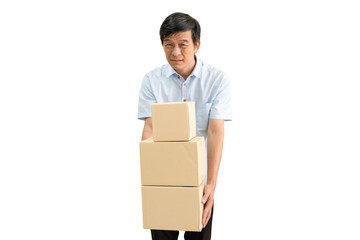 Asian old man carrying a heavy parcel boxes close up, health problem in elder people's lifestyle.  Isolated on white background.