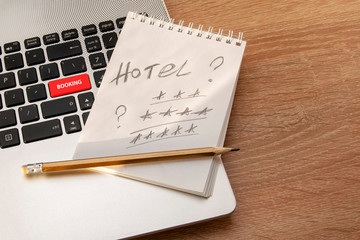 Online search and book a hotel using a laptop