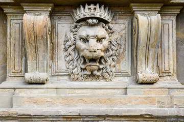 Close-up of the Lion Fountain (Fonte del Leone) with the large marble lion's head the Medici Grand Ducal Crown on the fa&ccedil;ade of Palazzo Pitti in the historical centre of Florence, Tuscany, Italy