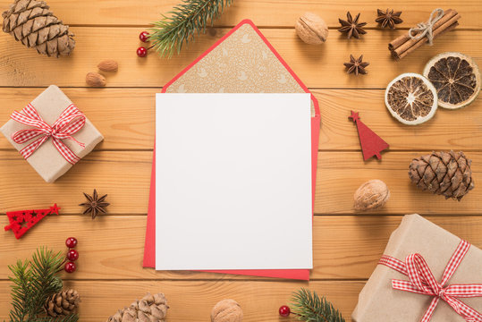 Red envelope on christmas holiday background