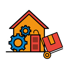 house front facade with delivery cart and box