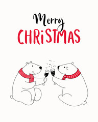 Christmas card print. Hand drawn illustration with cartoon sweet white bear, a glass of champagne, lettering text Merry Christmas.