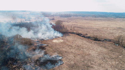 Forest and field fire. Dry grass burns, natural disaster. The fire is approaching a small stream.