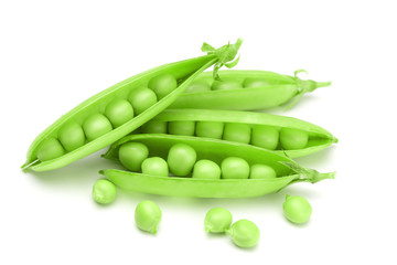 Closeup top view fresh green peas isolated on white background, healthy food concept