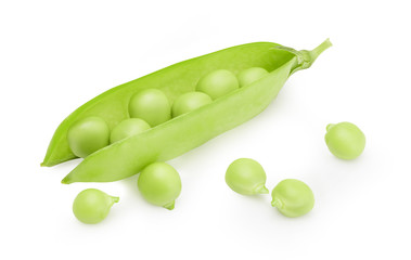 Closeup top view fresh green peas isolated on white background, healthy food concept