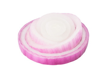 Sliced red onion rings isolated on white background cutout