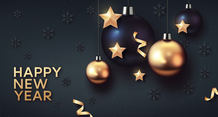 Gold and black Christmas balls with gold stars. Vector background for Happy New Year and Christmas.