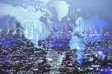 Forex chart on cityscape with skyscrapers wallpaper double exposure. Financial research concept.