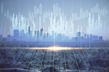 Forex chart on cityscape with skyscrapers wallpaper multi exposure. Financial research concept.