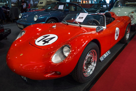 STUTTGART, GERMANY - MARCH 02, 2017: Racing car Porsche 718 RSK Spyder Tribute, 1970. Europe's greatest classic car exhibition "RETRO CLASSICS"
