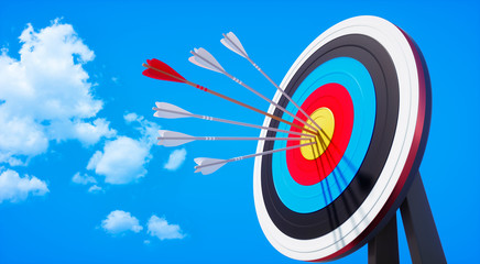 Colored target board with arrows in the sun against blue sky with small clouds - 3D illustration - obrazy, fototapety, plakaty