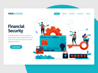 Illustration for protection on payment and credit card transactions. Financial security with a password. Safe online purchase. Flat cartoon character for landing page, website, mobile, flyer, poster