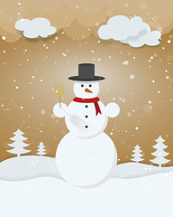 Snowman in winter landscape trees snow stars brown