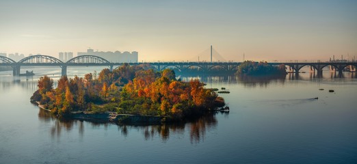 Morning Dnipro river panorama sunset Kiev Ukraine city landscape