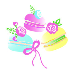 Sweet Macaroon Cake.  Pink, blue, yellow. Multi-colored cake decorated with flowers. Vector illustration.
