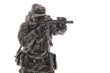 Army infantryman aiming service rifle studio shoot