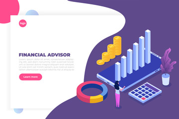 Financial advisor or administration isometric concept with characters. Hero images. Vector illustration isolated on white background.