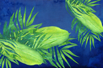 blue watercolor texture and green tropicals