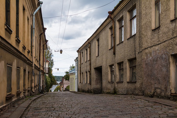 Perspective view of the apartment buildings on the Water Outpost Street in overcast day, Vyborg, Leningrad Oblast, Russia
