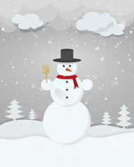Snowman in winter landscape trees snow stars grey