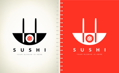 Asian food rolls logo vector. Sushi design vector illustration. Plate and chopsticks for sushi.