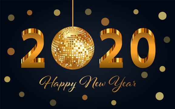 Gold 2020 vector Happy New Year and Merry Christmas greeting card with disco ball and bokeh effect.