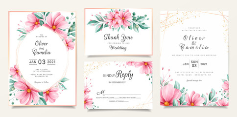 Fototapeta na wymiar Watercolor floral wedding invitation card template set with flowers and gold line. Botanic illustration for background, save the date, invitation, greeting card, etc