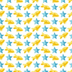Seamless patterns on a white background in a flat style with elements of fish and starfish. Texture for web page, greeting cards, posters and banners. Prints on fabric and paper.