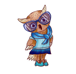 Owl in glasses and dress. Digital art for teachers and kids
